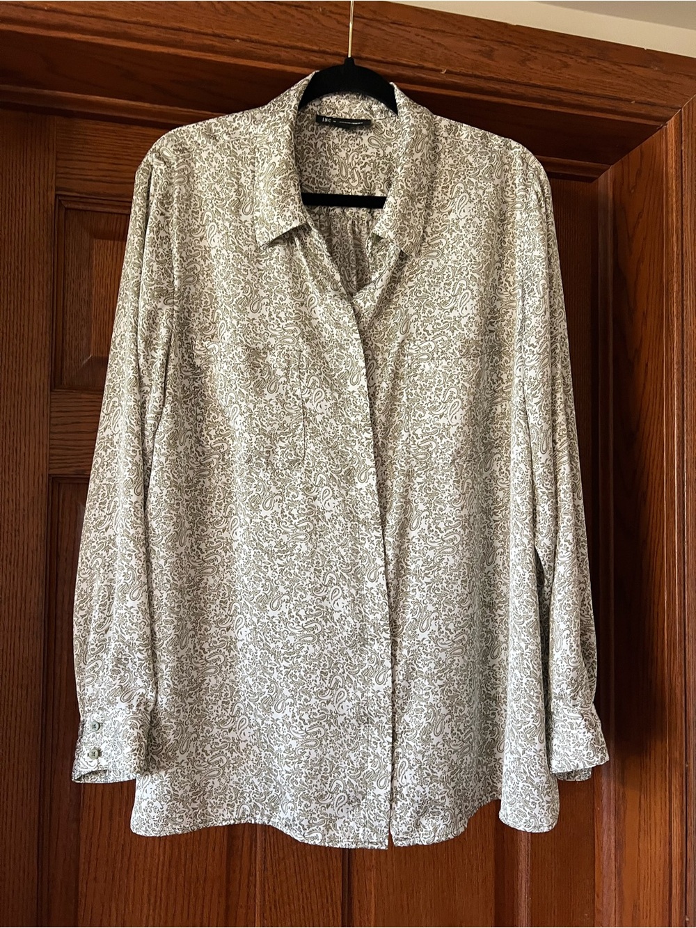 INC International Concepts Cream and Olive Paisley Button-Down Blouse